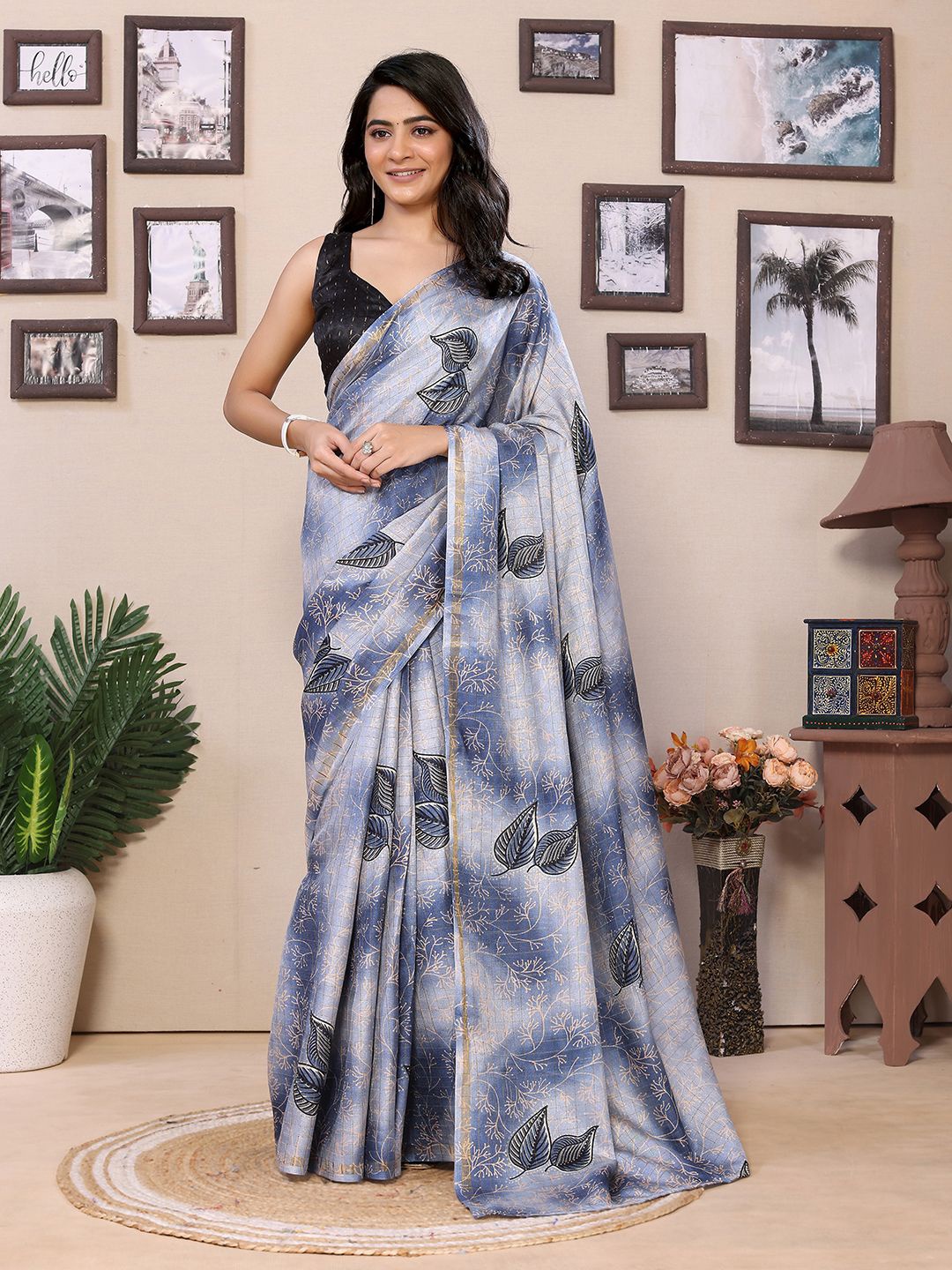 

DIVASTRI Zari Printed Ready to Wear Saree With Unstitched Blouse Piece, Blue