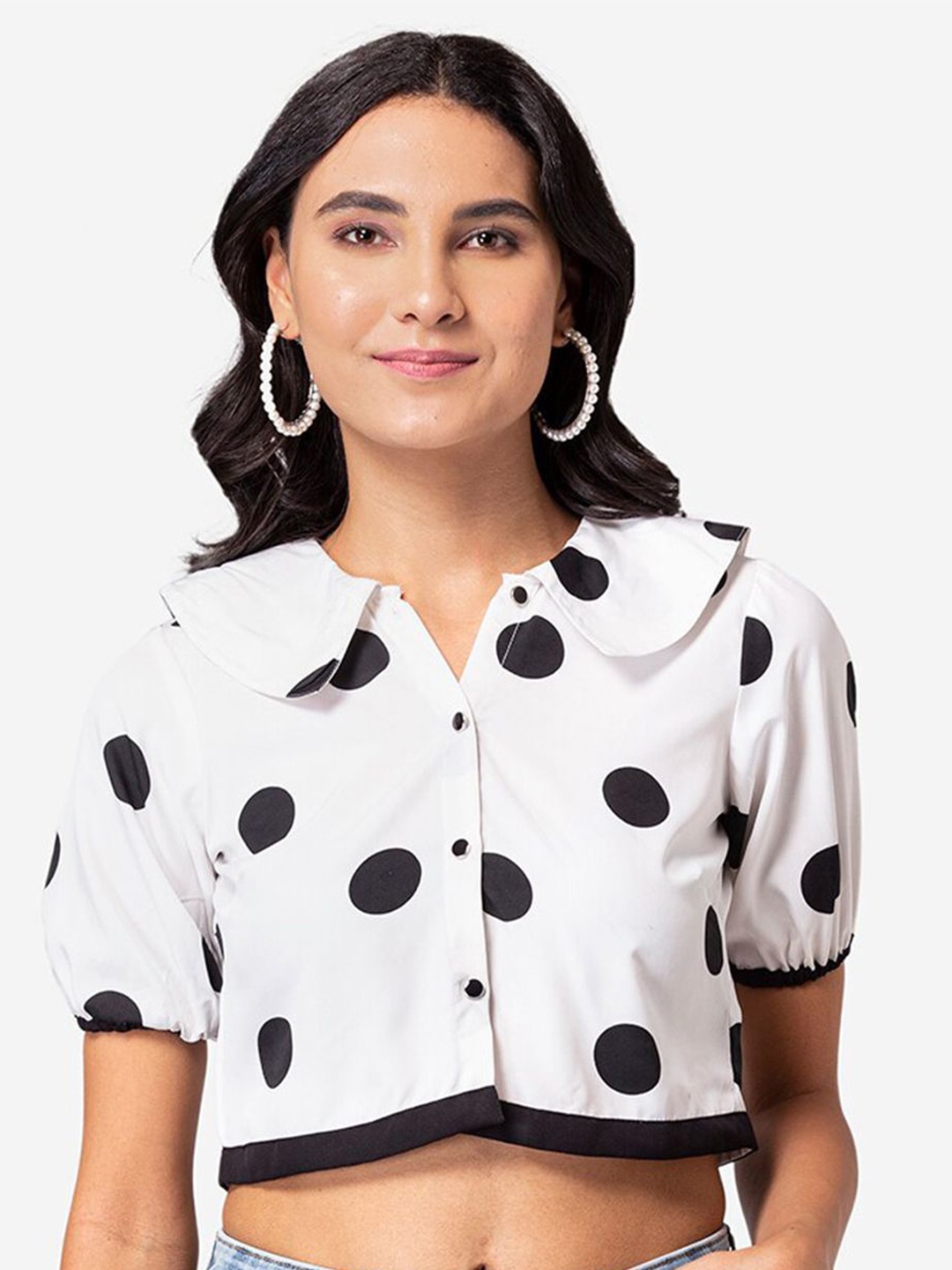 

DressBerry Polka Dot Print Puff Sleeve Crepe Crop Top, White