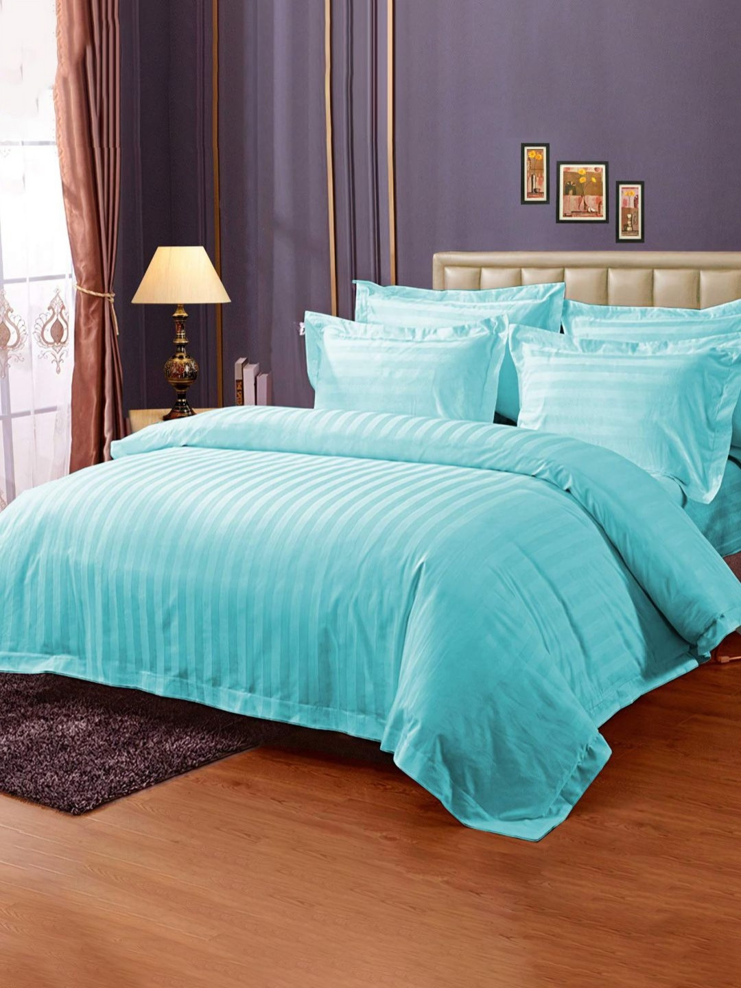 

Enchant Home Platinum Blue Striped Printed Cotton 250 TC King Bedsheet Set 2.74 m x 2.74m