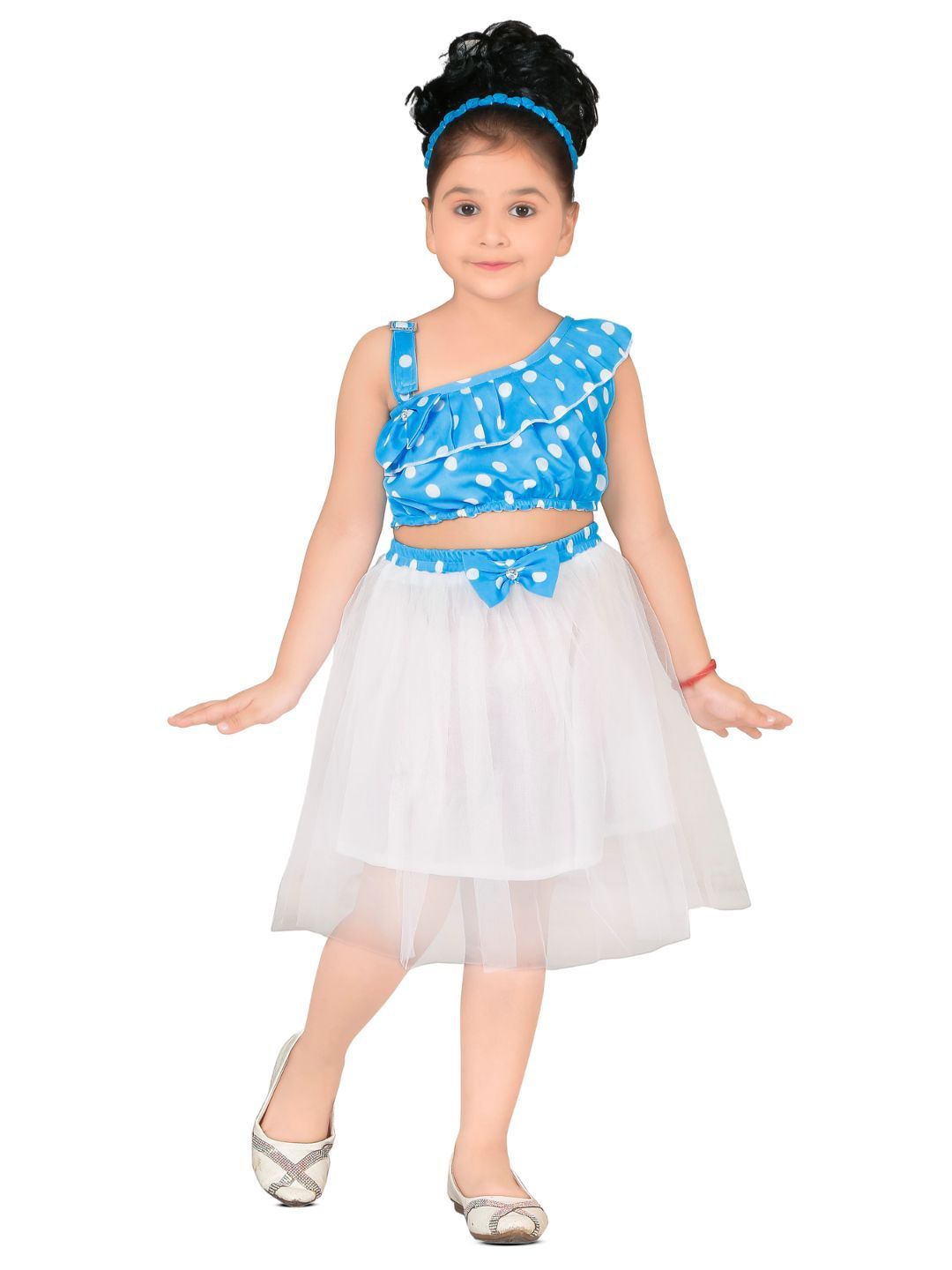 

Fessist Girls Printed Shoulder Straps Top With Skirt, Blue
