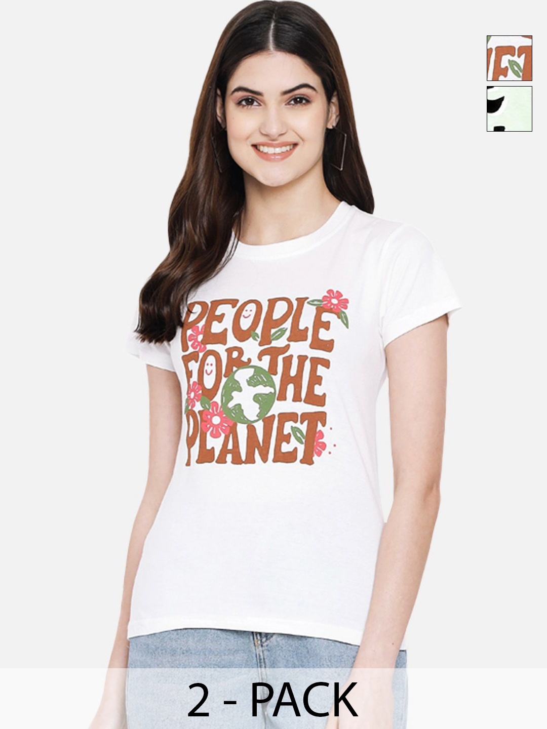 

Dreambe Women Pack Of 2 Typography Printed Round Neck Cotton T-shirts, White