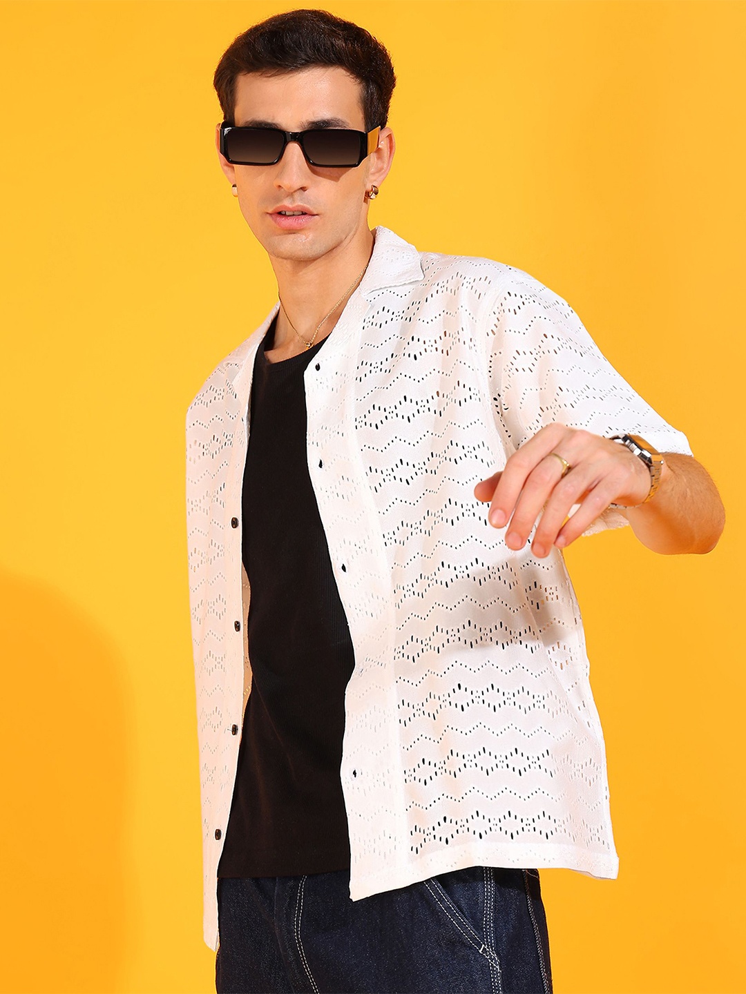 

INDICLUB Men Relaxed Fit Cuban Collar Textured Casual Shirt, White