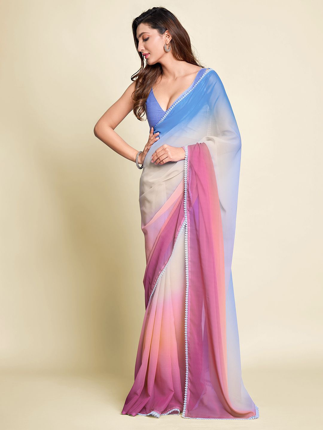 

Blue Wish Ombre Embroidered Pure Chiffon Chanderi Saree, Pink