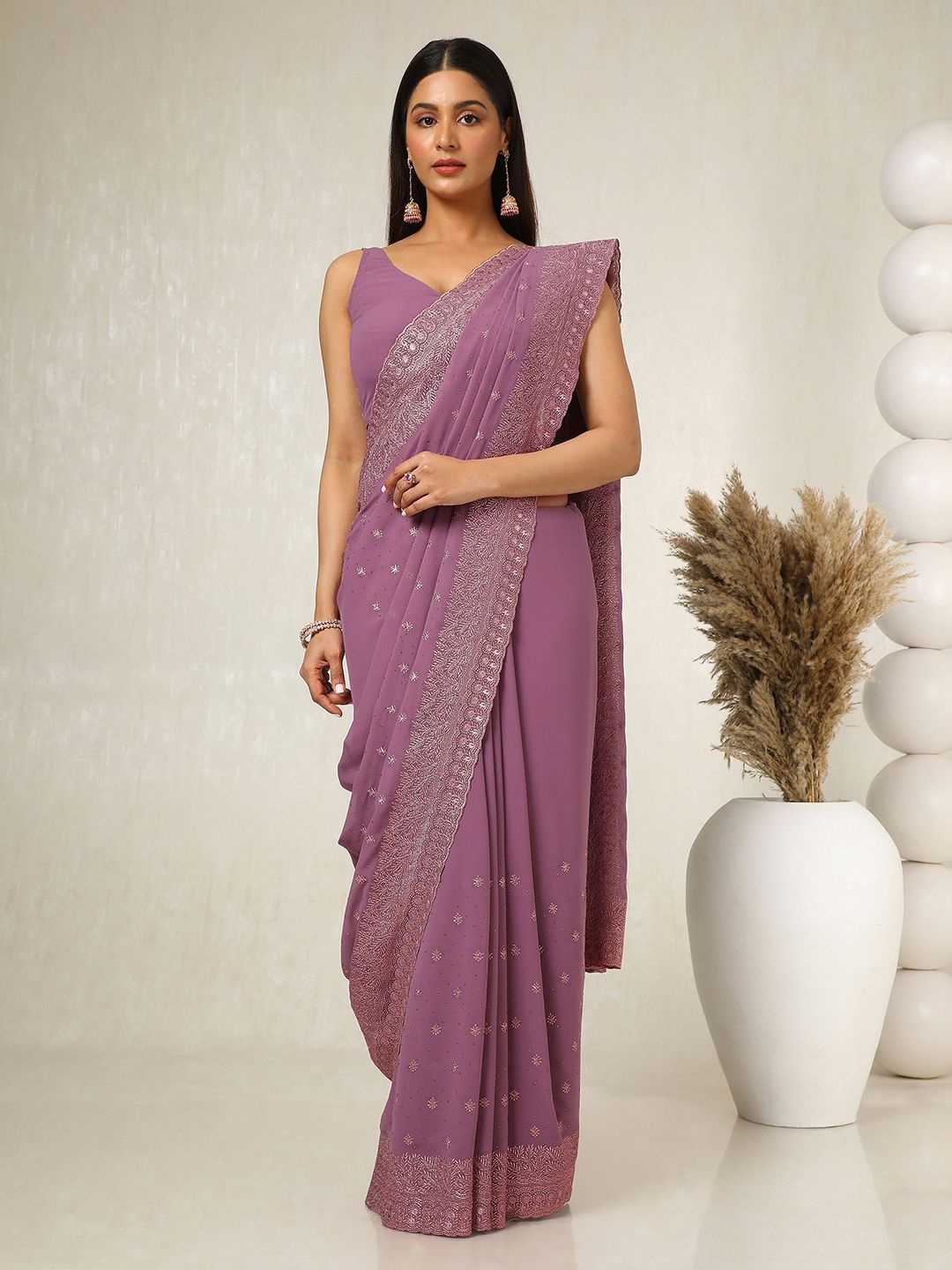 

Soch Ethnic Motifs Beads and Stones Pure Georgette Saree, Lavender