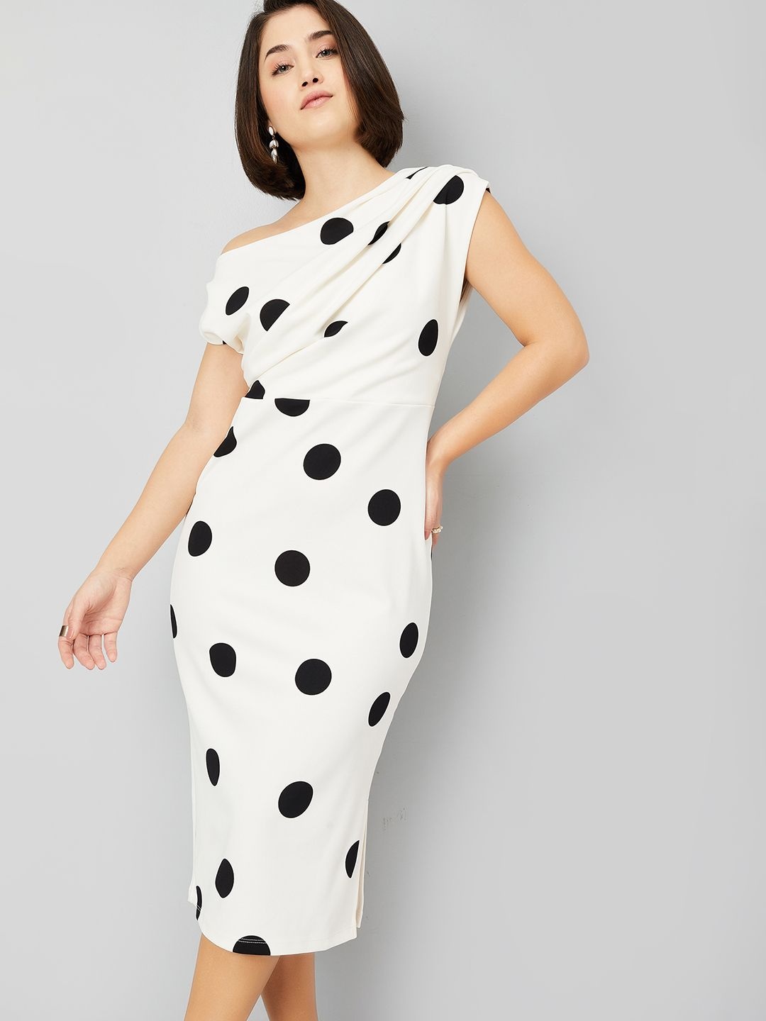 

max Polka Dot Printed Sheath Midi Dress, White