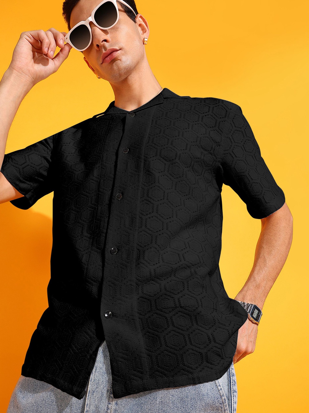 

INDICLUB Men Relaxed Fit Cuban Collar Textured Casual Shirt, Black