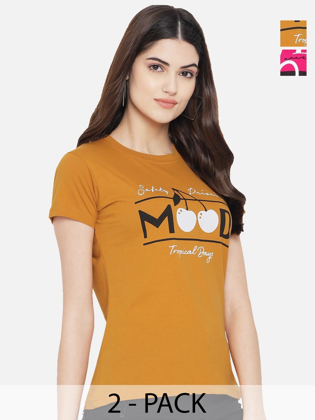 

Dreambe Women Pack Of 2 Graphic Printed Round Neck Cotton T-shirts, Mustard