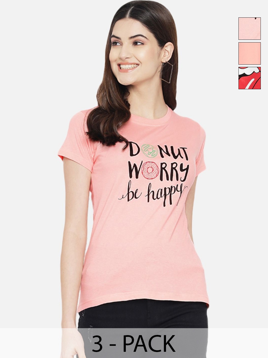

Dreambe Women Pack Of 3 Typography Printed Round Neck Cotton T-shirts, Peach
