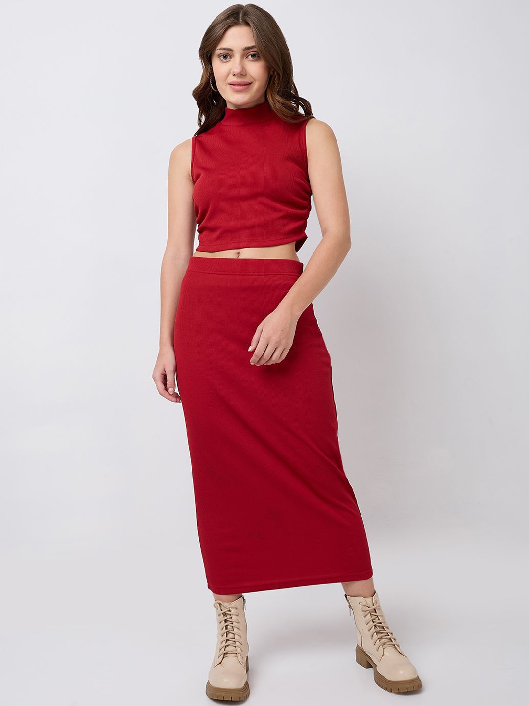 

SZN Solid Sleeveless High Neck Top With Skirt, Maroon