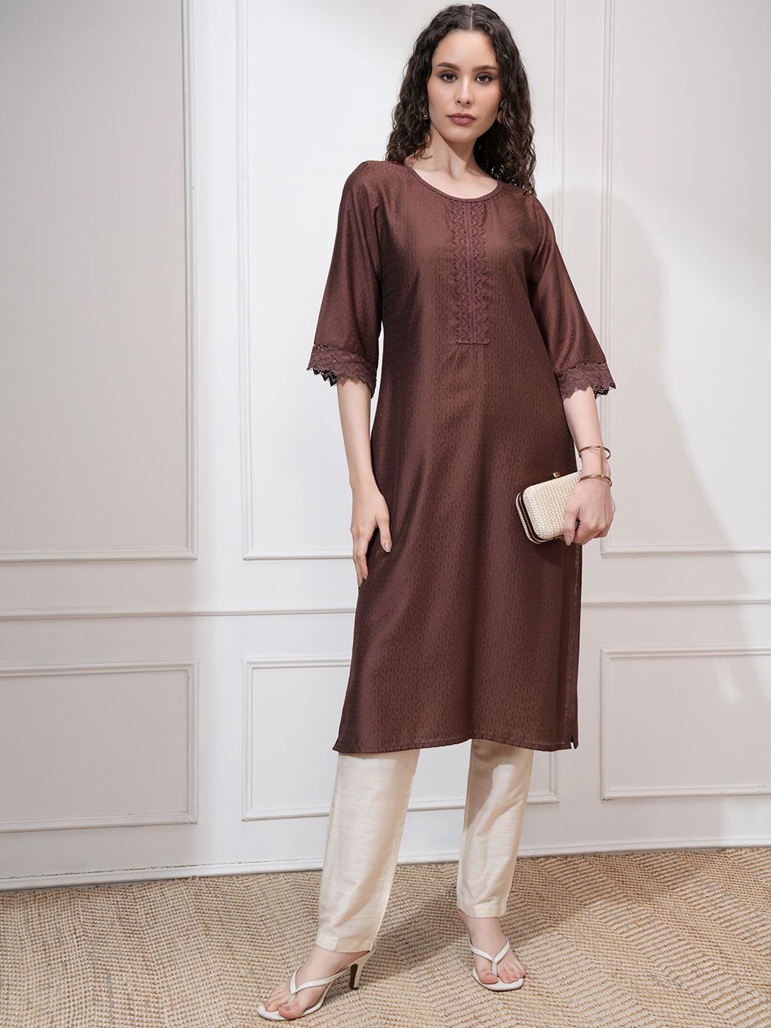 

Vishudh Women Regular Round Neck Kurta, Brown