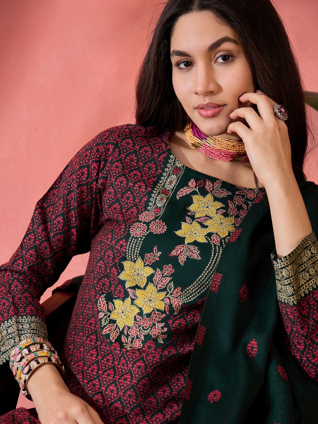 

Sangria Red Embroidered Pashmina Straight Kurta With Trousers And Dupatta, Black