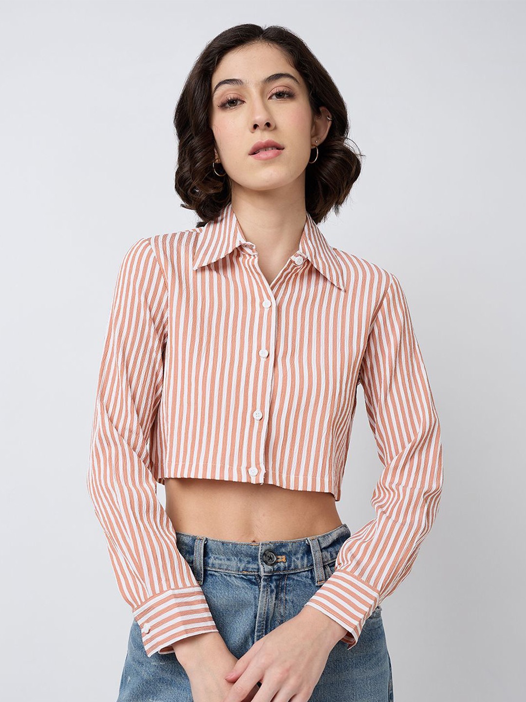 

SZN Women Classic Opaque Striped Party Shirt, Orange