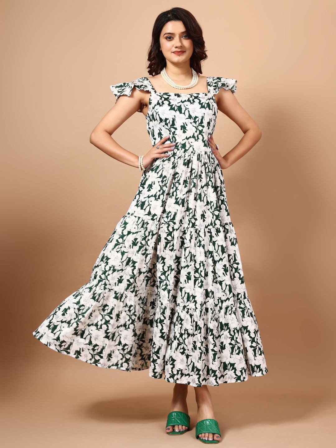 

CORSICA Floral Printed Ruffled Detailed Fit and Flare Tiered Maxi Dress, Green