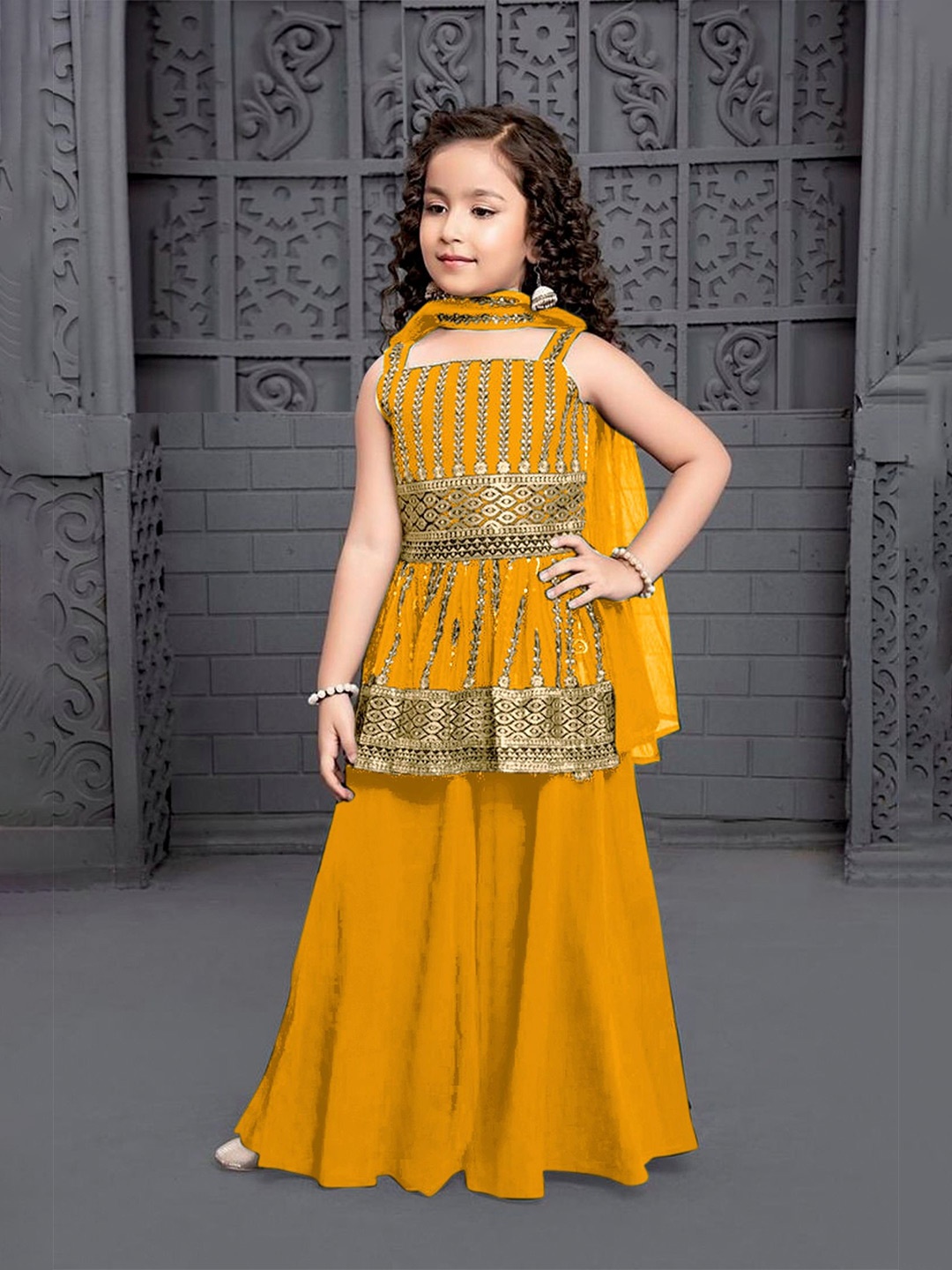 

Tulsi Creation Girls Ethnic Motifs Embroidered Stone Work Kurta With Sharara & Dupatta, Yellow