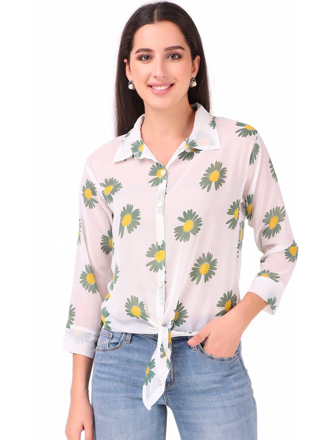 

KASHIAN Floral Printed Shirt Style Top, Green