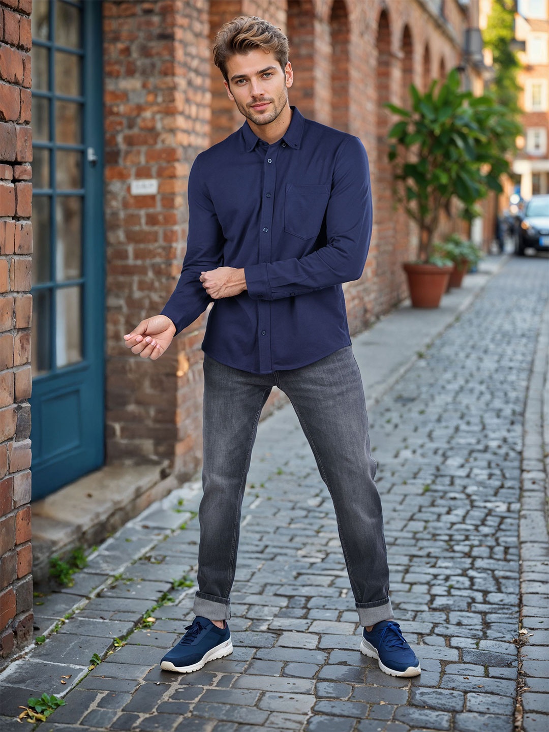 

Celio Men Classic Fit Button-Down Collar Solid Cotton Casual Shirt, Navy blue