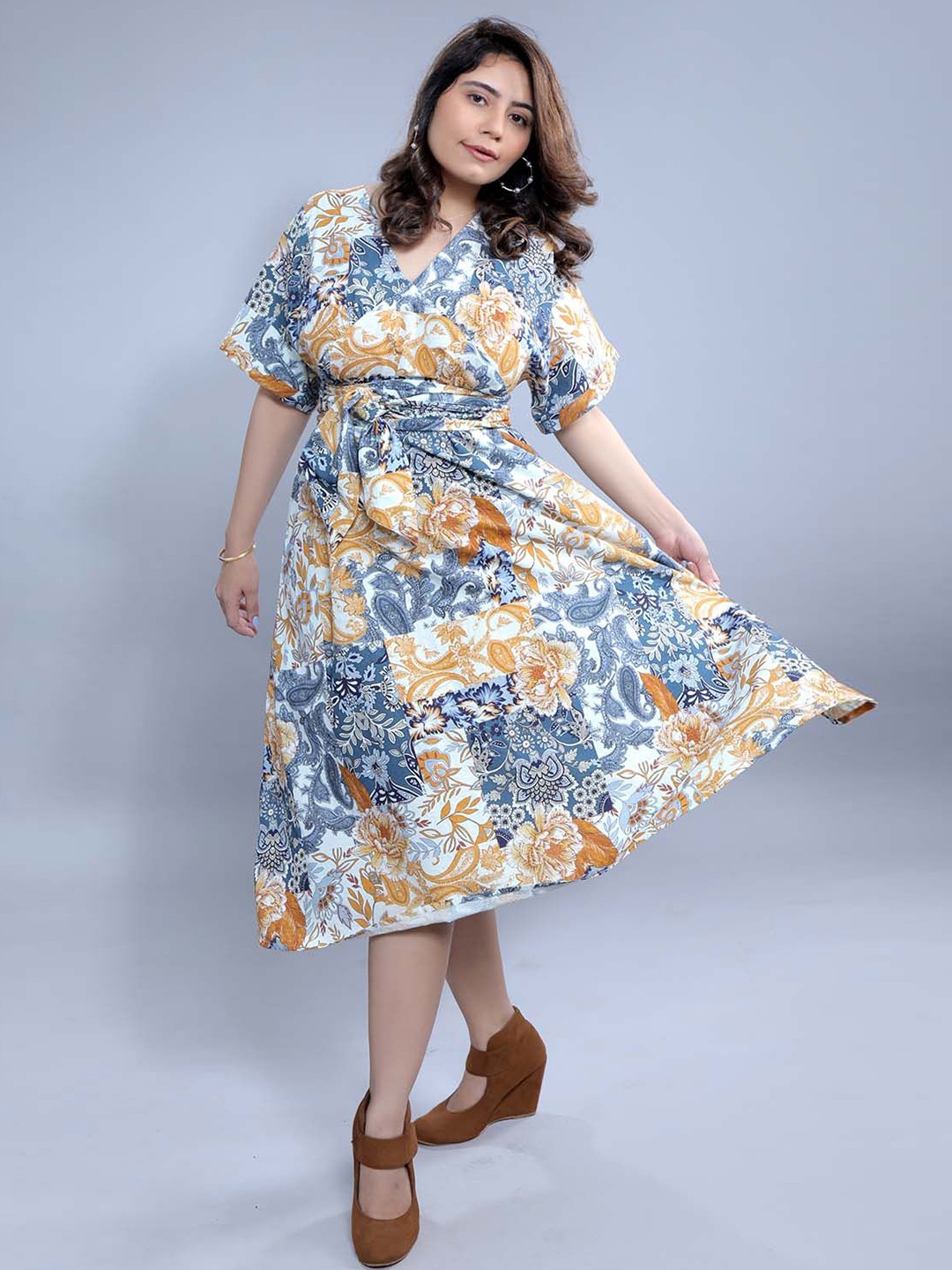 

French Theory Ethnic Motifs Print Linen Fit & Flare Midi Dress, Blue