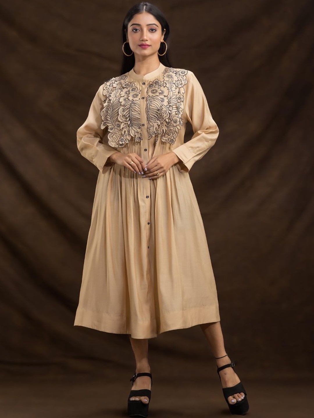 

AUTUMN LANE Self Design Midi Ethnic cotton Dress, Beige