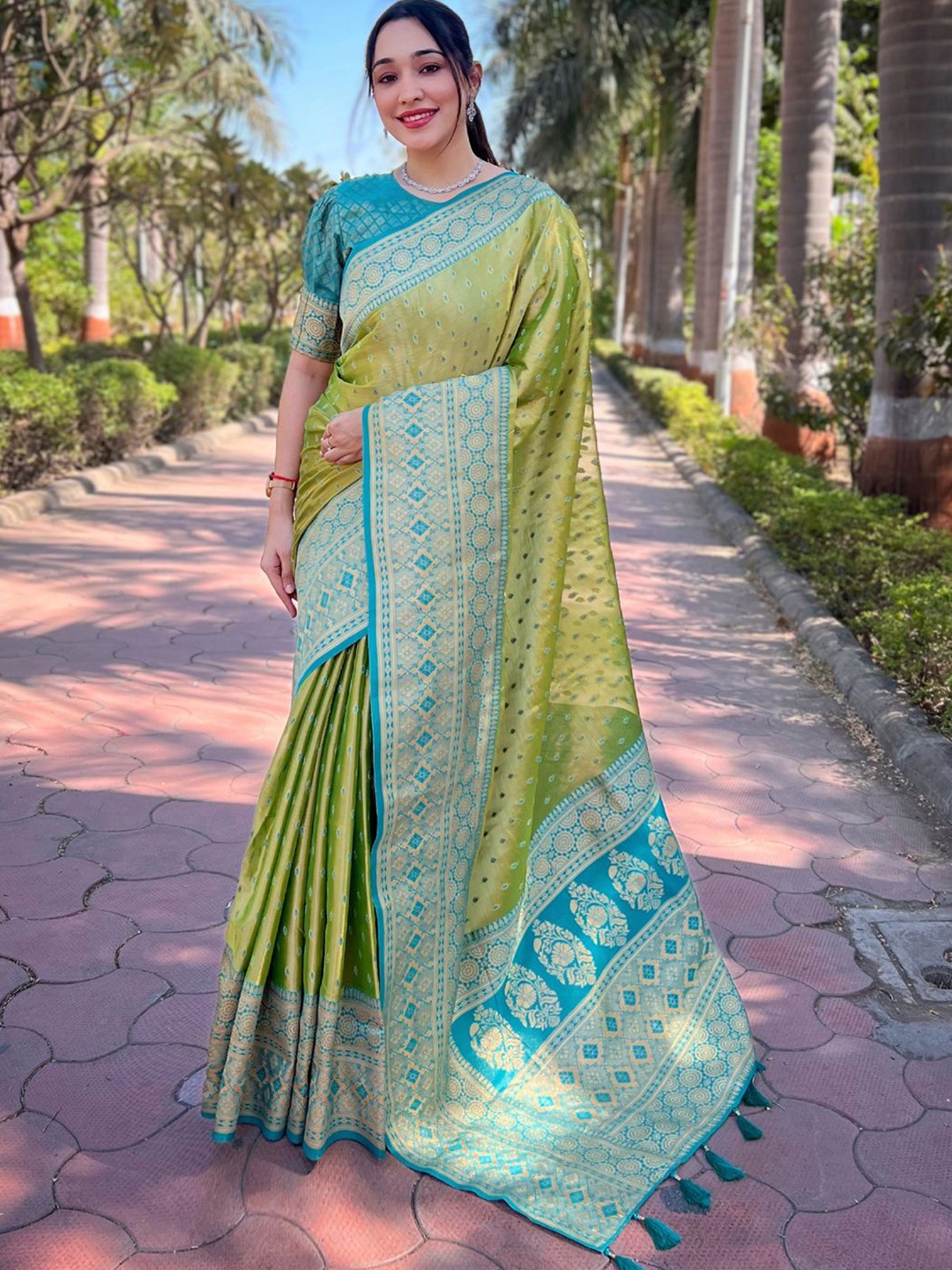 

DIVASTRI Woven Design Zari Tissue Banarasi Saree, Green