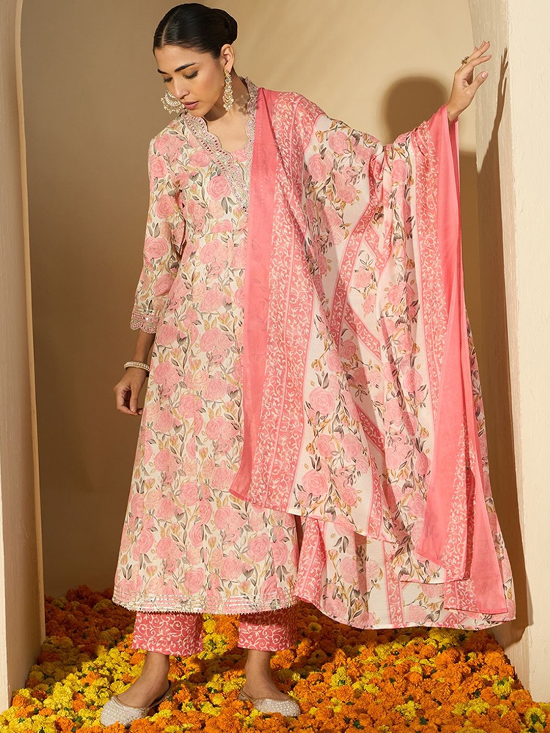 

BANDIA Women Printed Empire Mirror Work Kurta with Trousers & With Dupatta, Peach