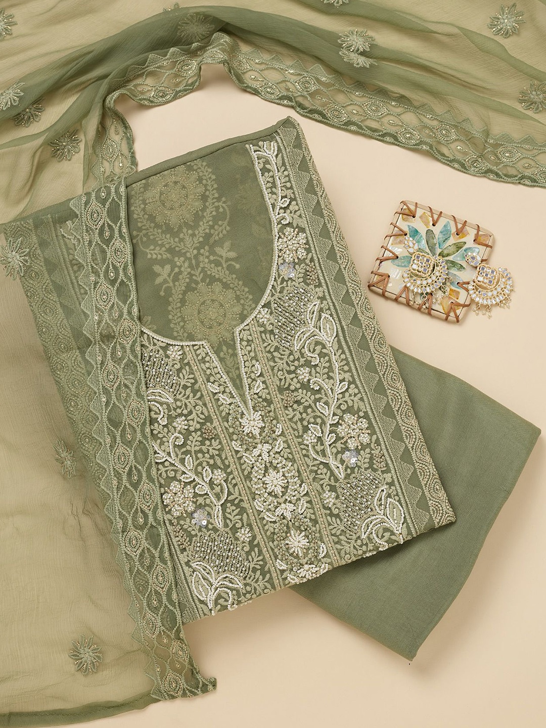 

Koskii Floral Embellished Beads and Stones Unstitched Dress Material, Green