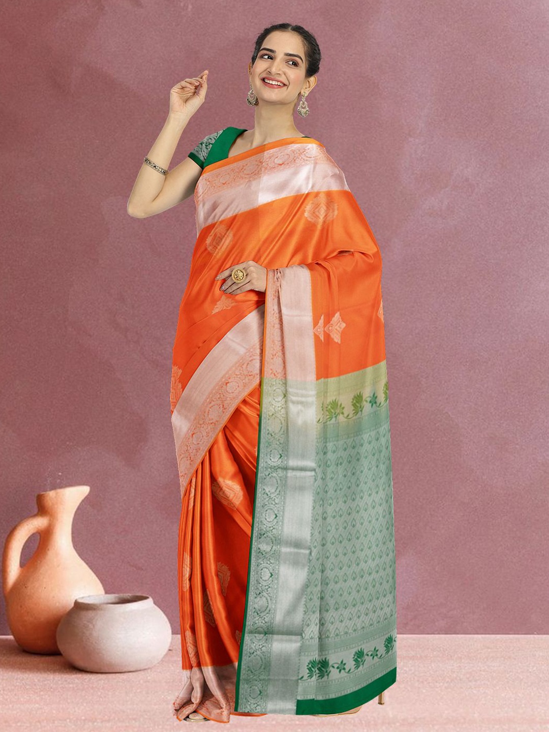 

Avishya Woven Design Zari Silk Blend Kanjeevaram Saree, Orange