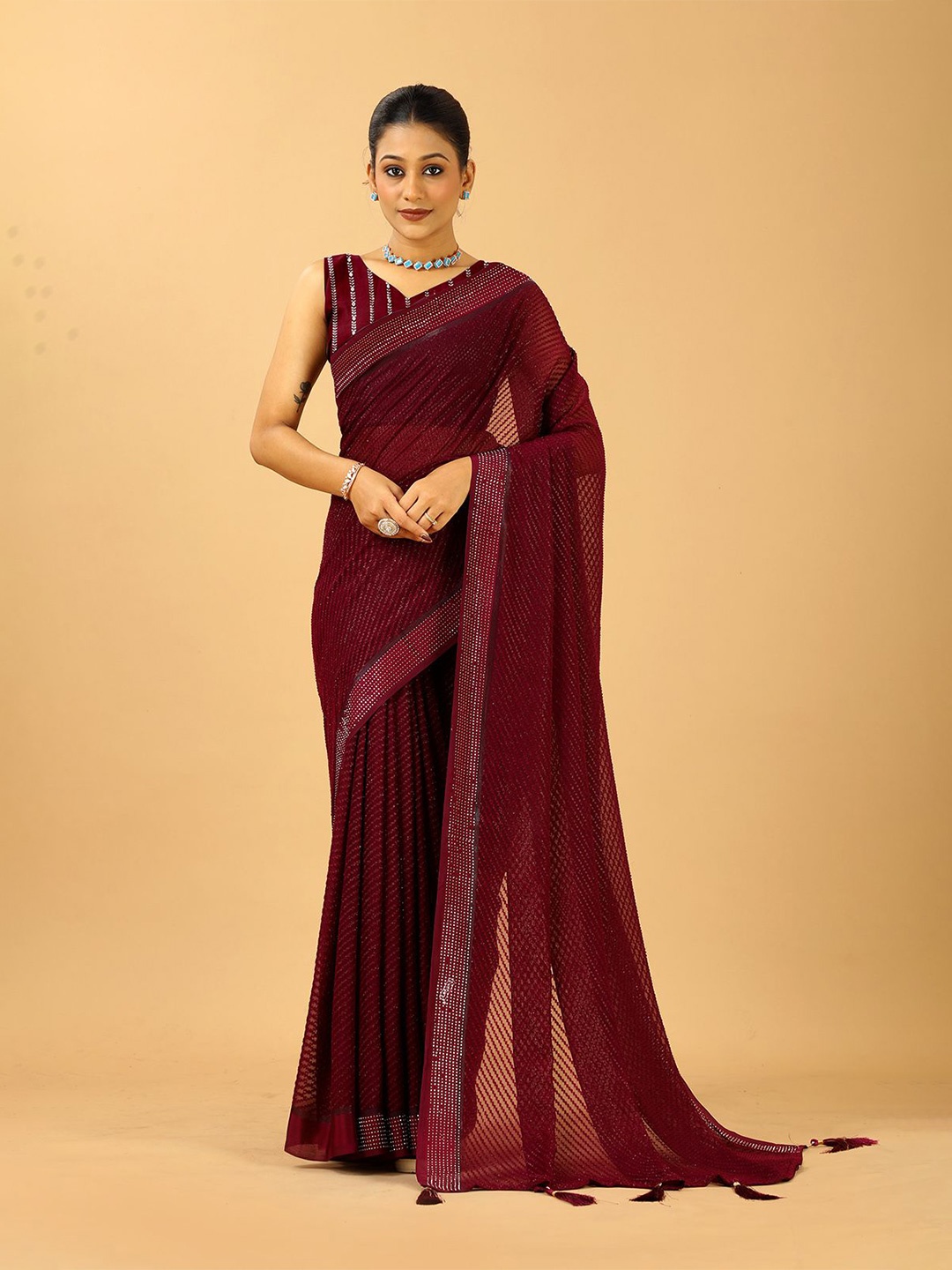 

A.V.M. SILK MILLS Embellished Beads and Stones Pure Chiffon Saree, Maroon