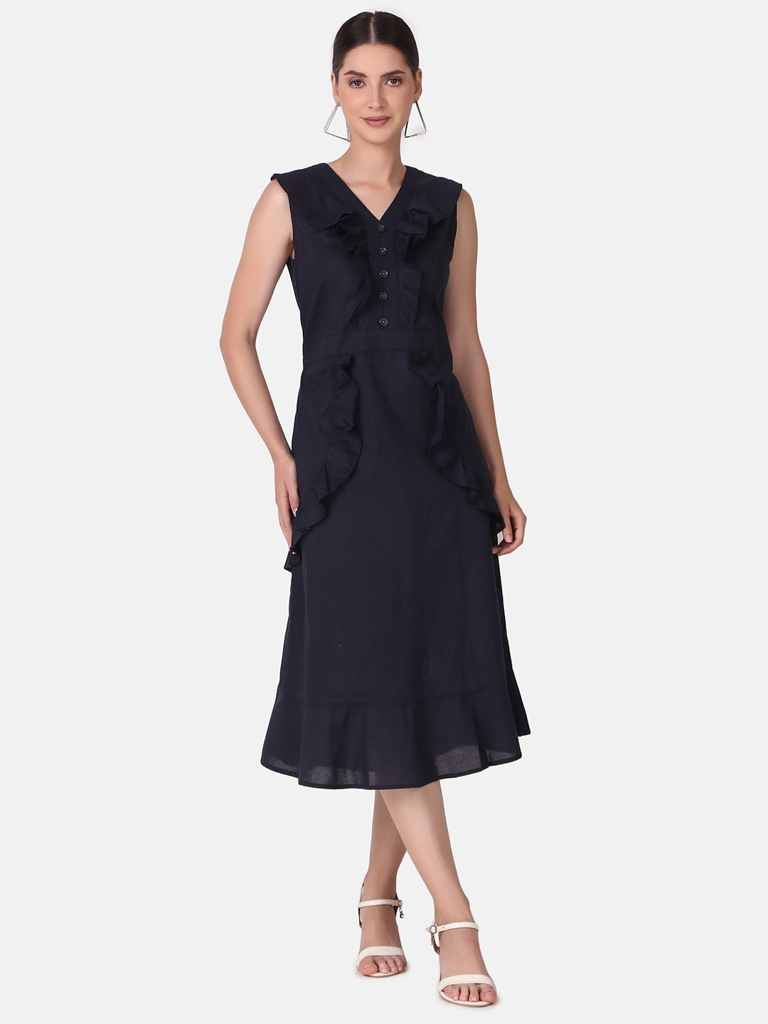 

Pose india Ruffled Satin Fit & Flare Midi Dress, Navy blue