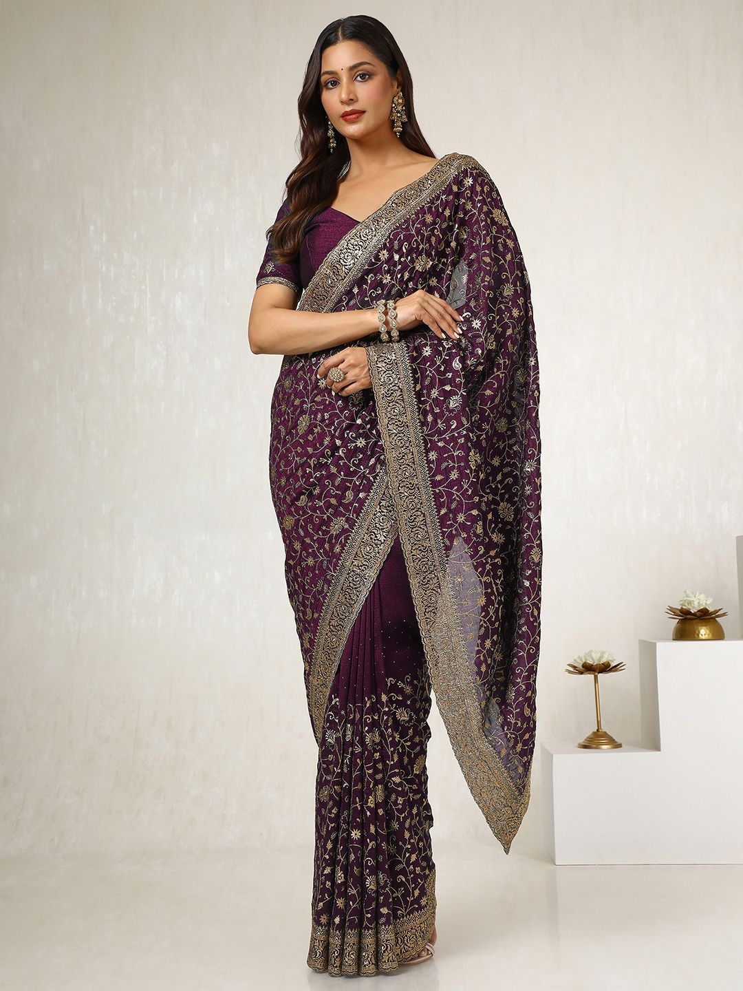 

Soch Floral Embroidered Beads and Stones Tussar Saree, Purple