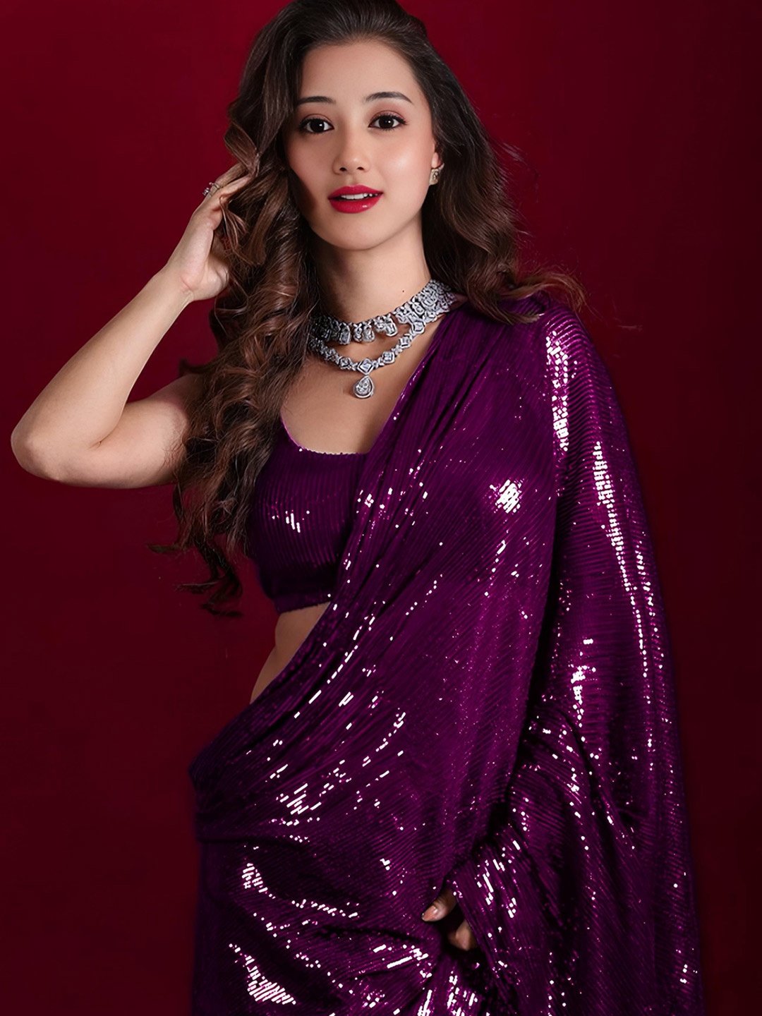 

ANJANI TEXTILE Embellished Sequinned Saree, Purple