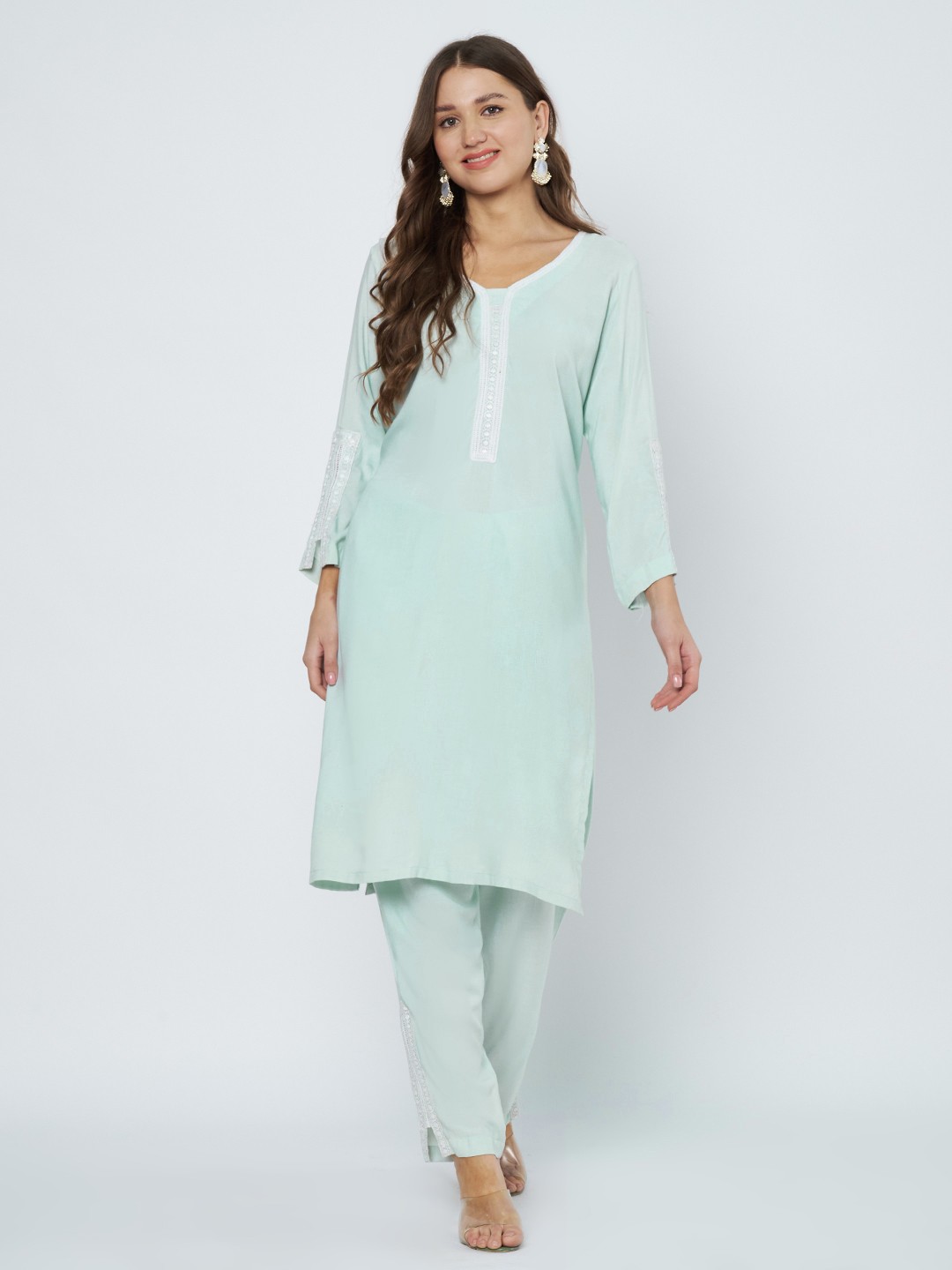 

Moda Rapido Yoke Design V-neck Thread Work Straight Kurta With Trousers, Blue
