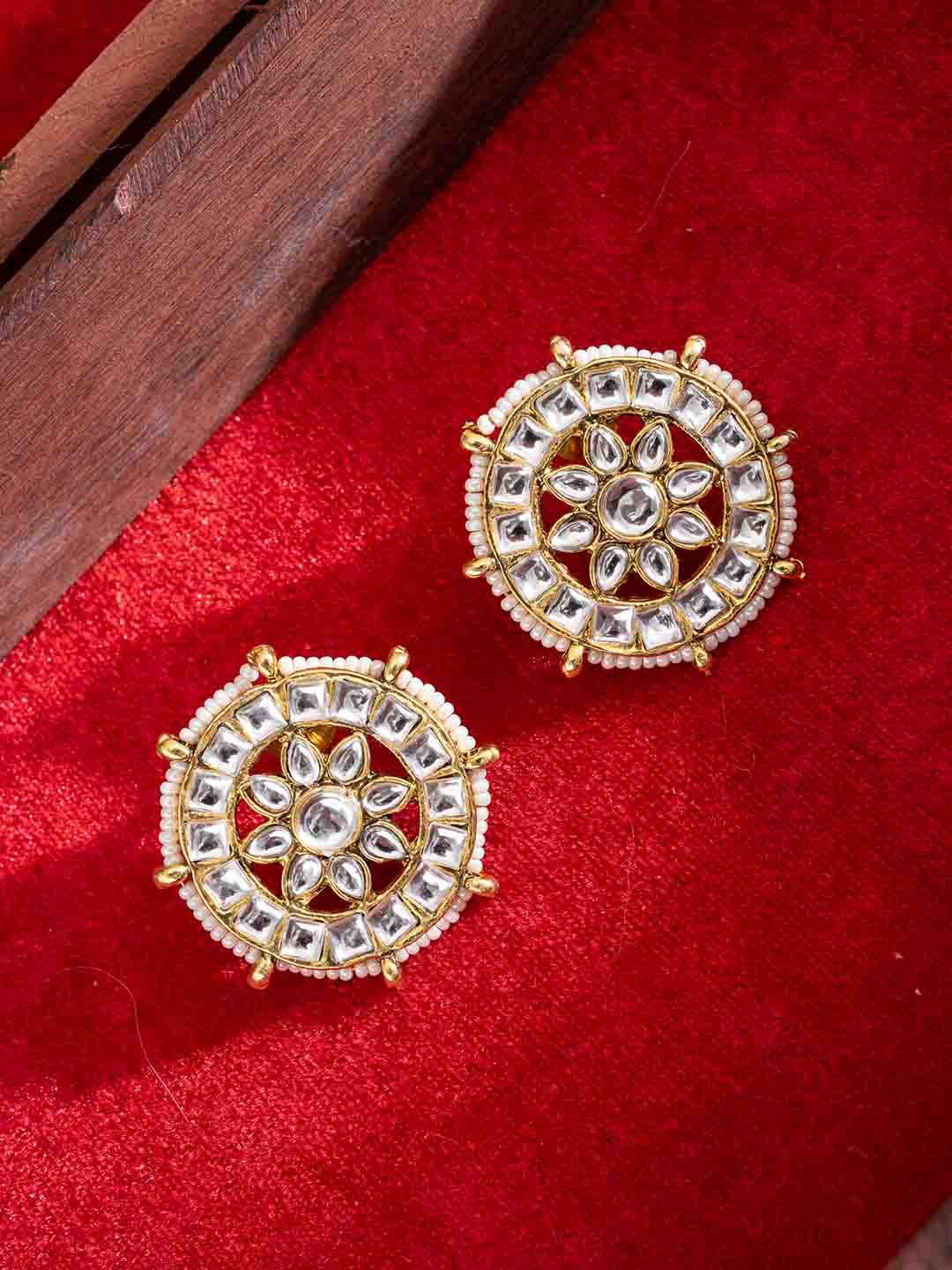 

PANASH Gold-Plated Artificial Stones Studded And Beaded Circular Shaped Studs, White