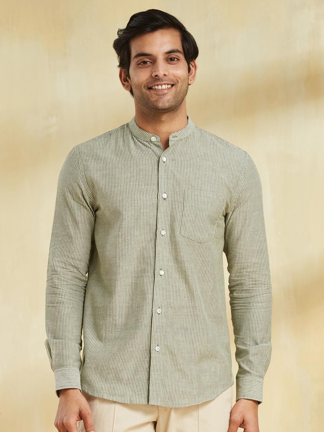 

Fabindia Men Slim Fit Band Collar Vertical Striped Cotton Casual Shirt, Olive