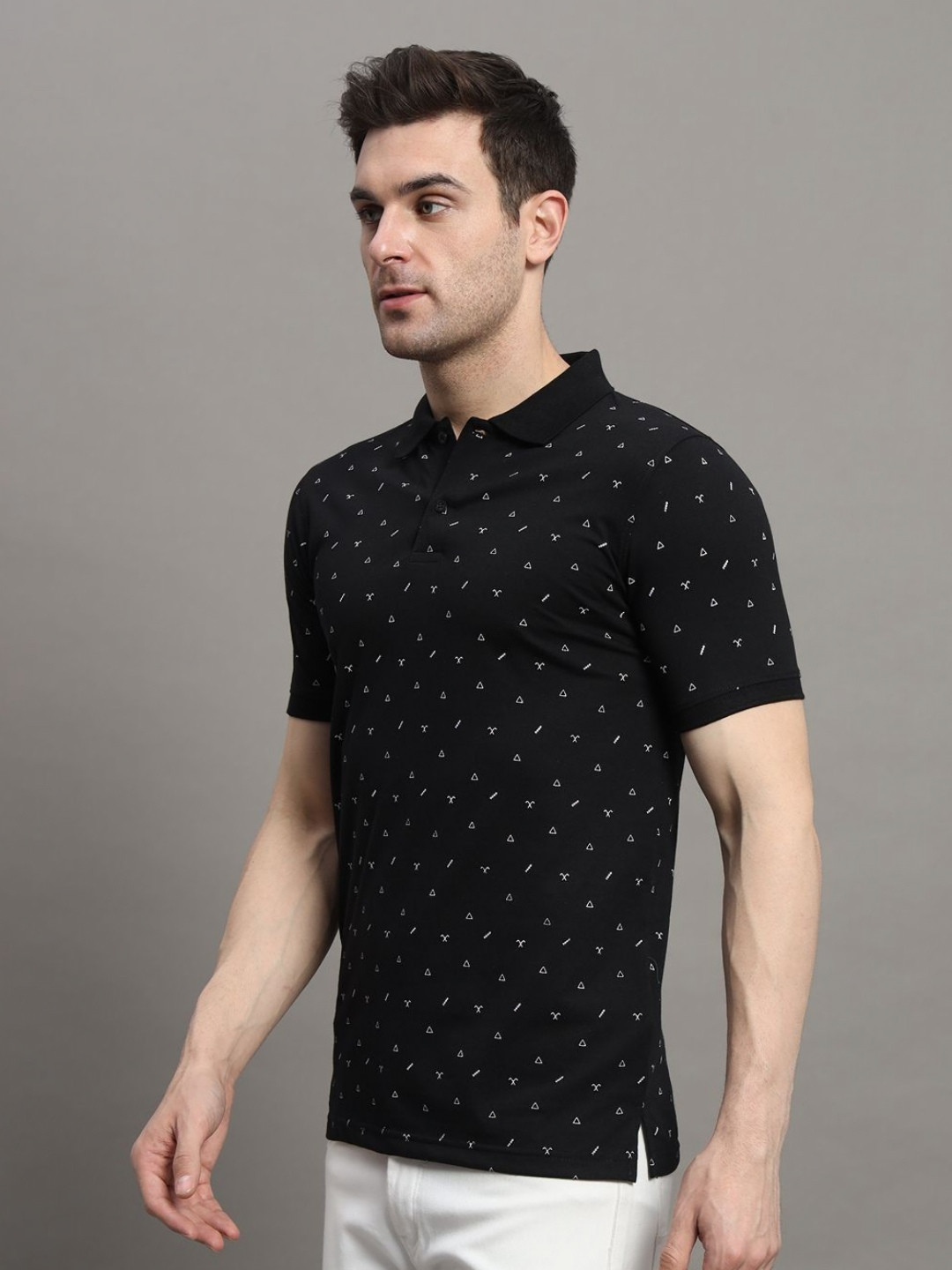 

MERRIMENT Men Geometric Printed Polo Collar Cotton T-shirt, Black