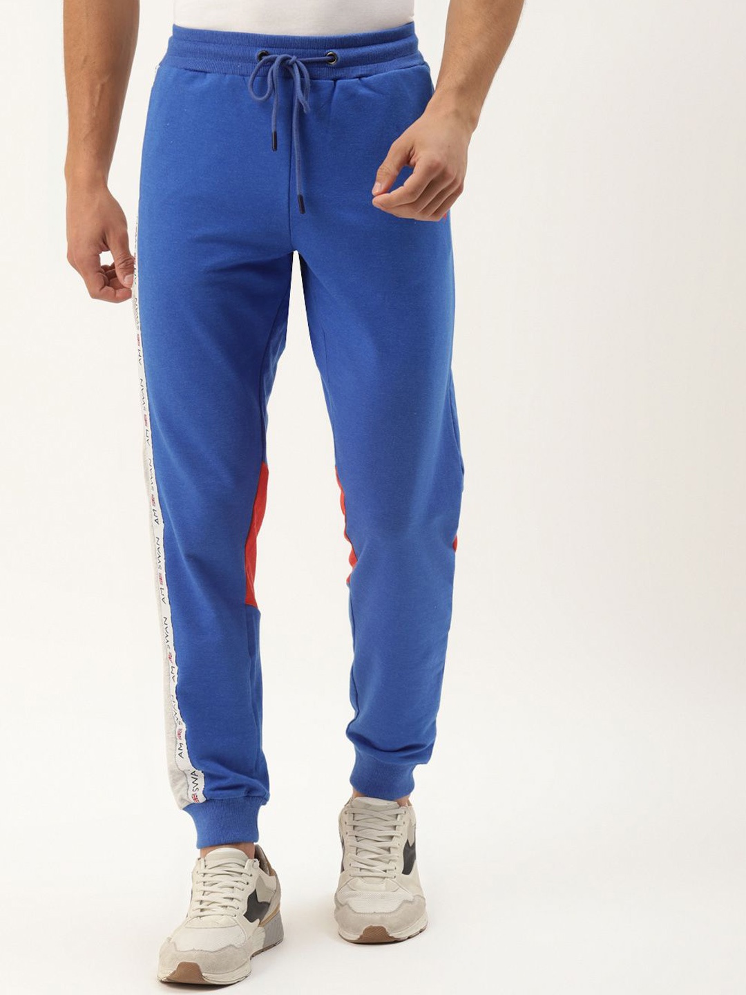 

AMSWAN Men Colourblocked Cotton Mid-Rise Joggers, Blue