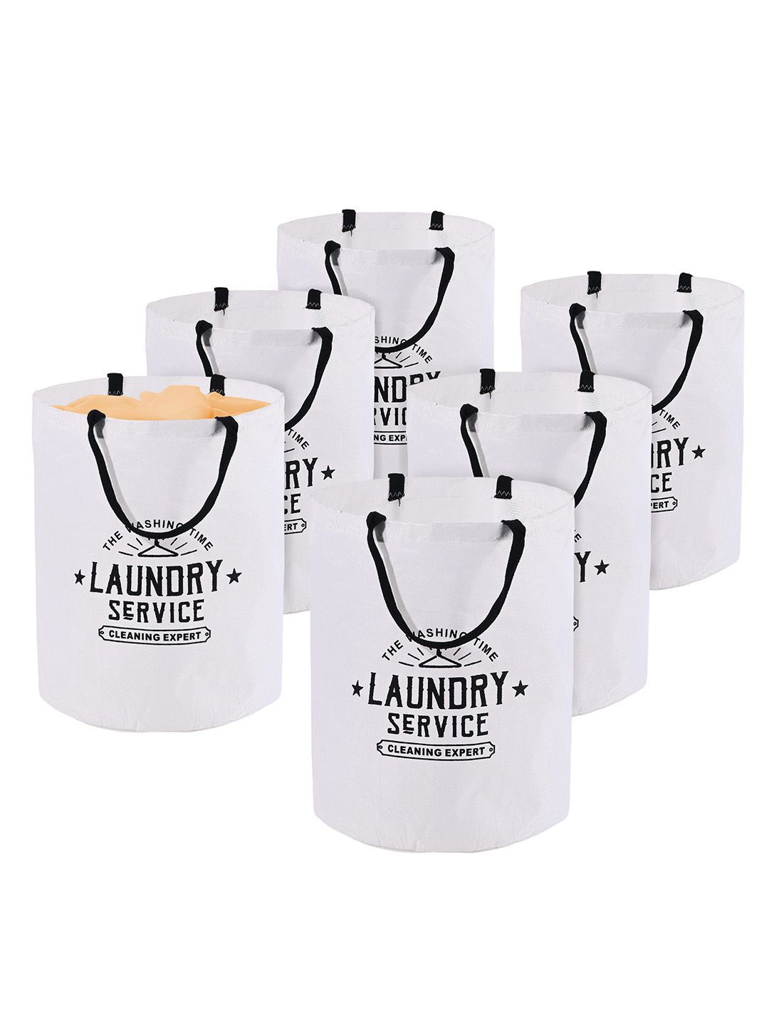 

Kuber Industries White & Black 6 Pieces Printed Foldable Cloth Basket With Handle