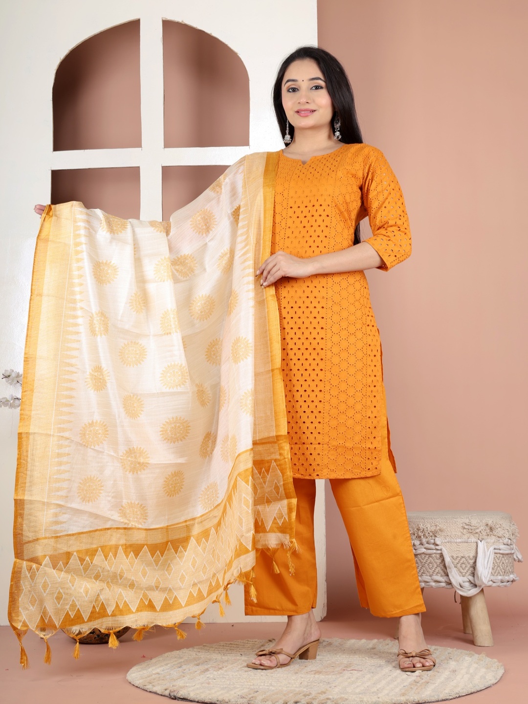 

BLU Schiffli Embroidered Notch Neck Straight Kurta with Trousers & With Dupatta, Yellow