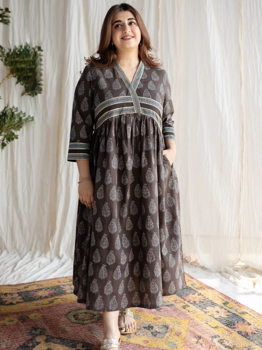 

THE INDIAN ETHNIC CO Floral Print A-Line V Neck Midi Brown Ajrakh Cotton Dress