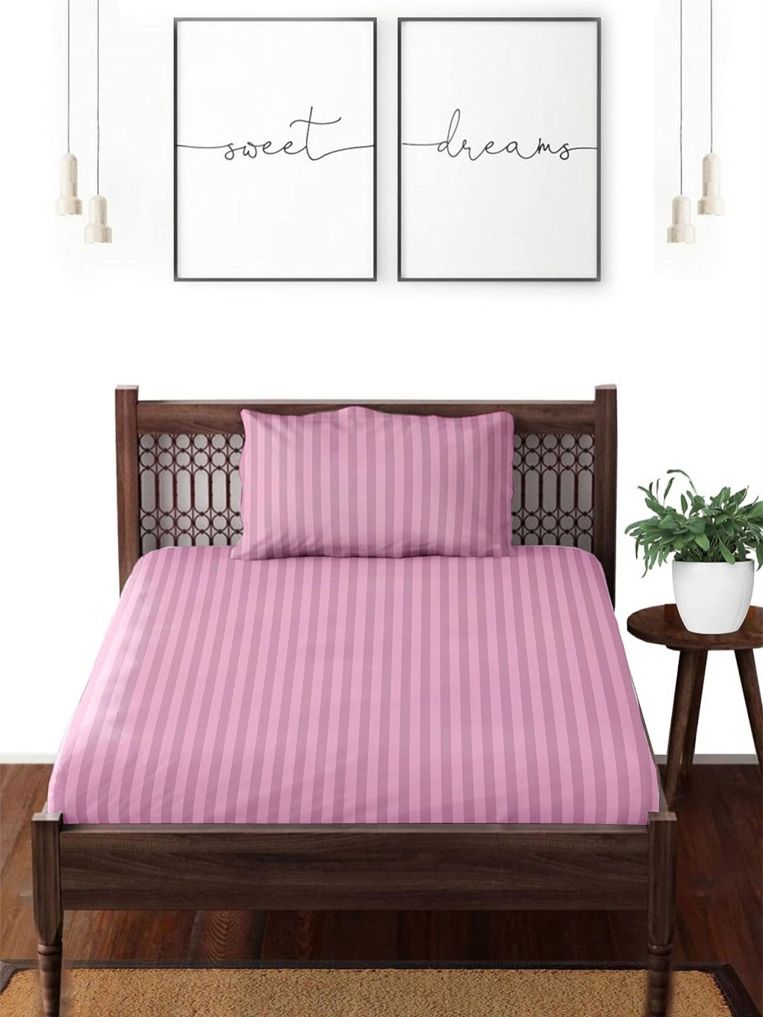 

Enchant Home Pink Striped 250 TC Single Cotton Bedsheet Set 2.28 m x 1.52m