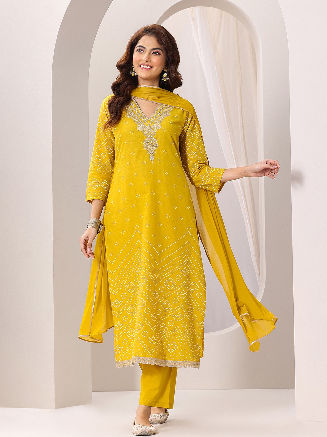 

Libas Women Bandhani Printed Regular Kurta with Trousers & With Dupatta, Mustard