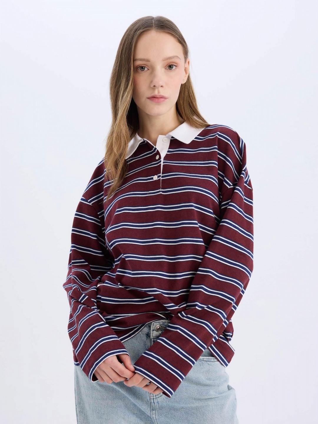 

DeFacto Women Striped Polo Collar Cotton T-shirt, Maroon