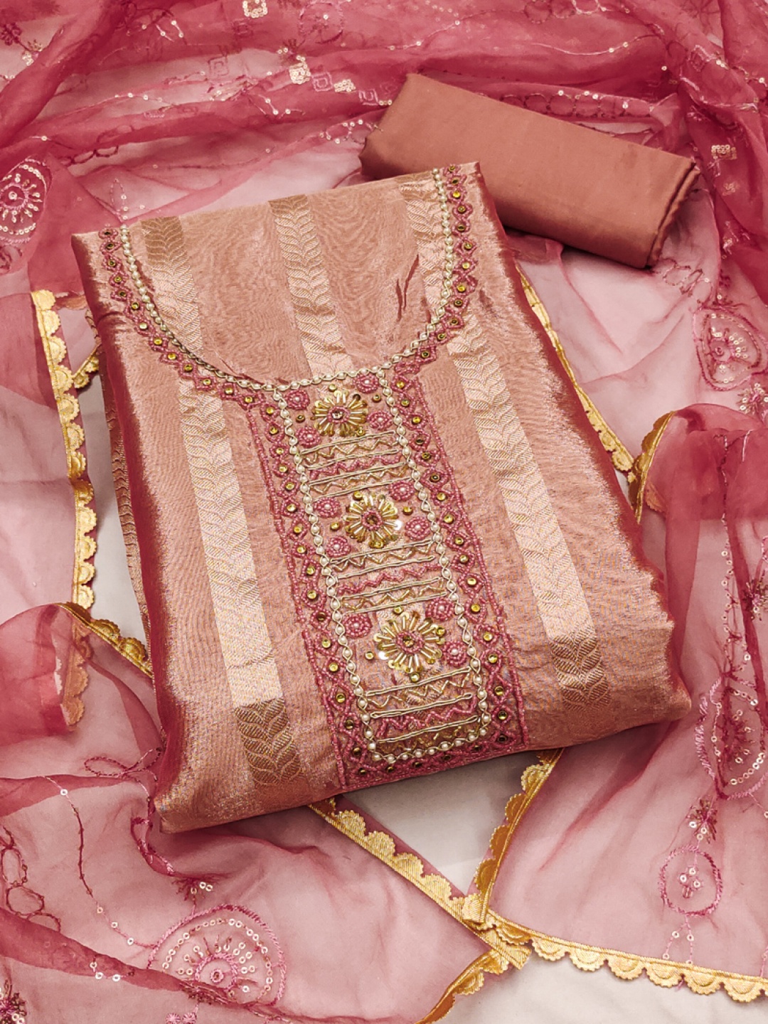 

ASISA Floral Woven Design Beads and Stones Organza Unstitched Dress Material, Peach