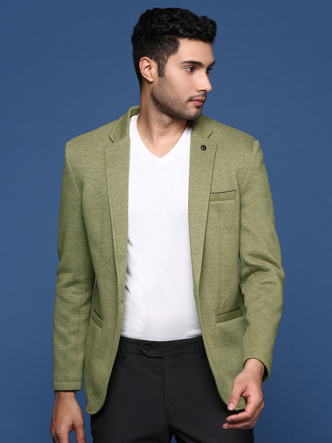 

SHOWOFF Notched Lapel Collar Slim-Fit Cotton Single Breasted Blazer, Green