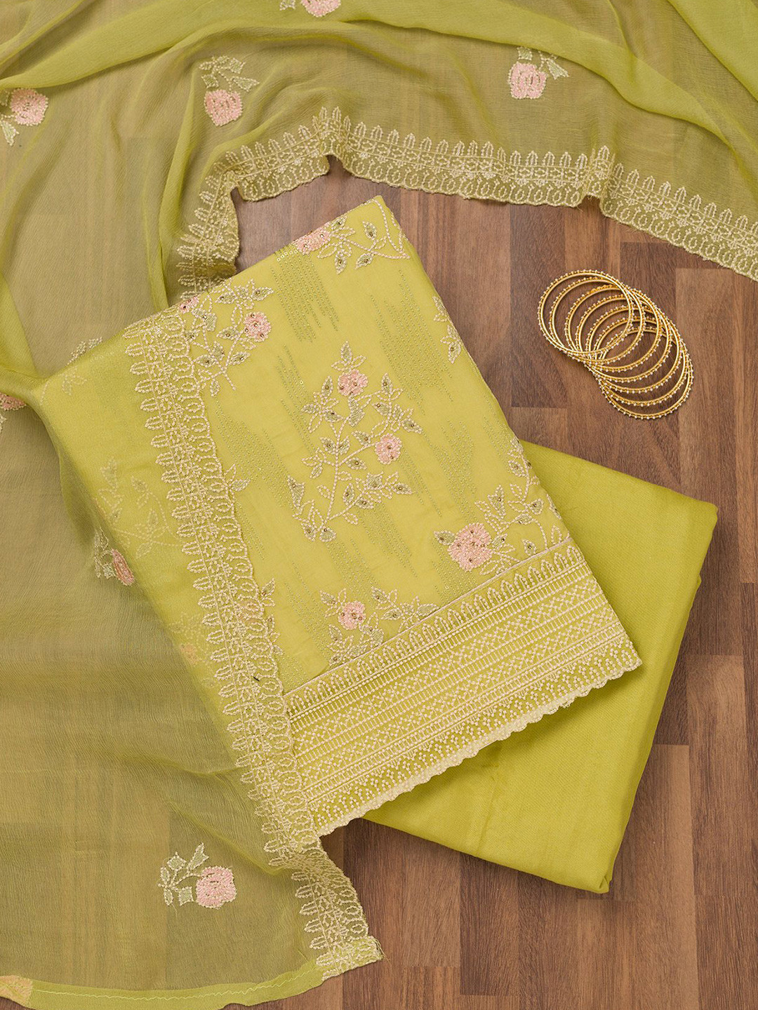 

Koskii Floral Embroidered Unstitched Dress Material, Green