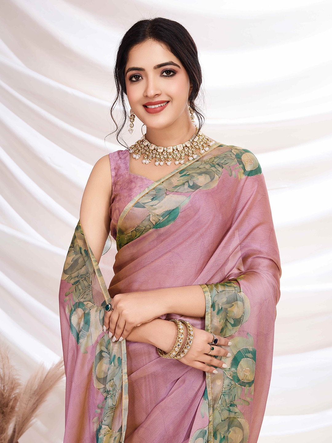 

all about you Aari Work Printed Pure Chiffon Saree, Pink