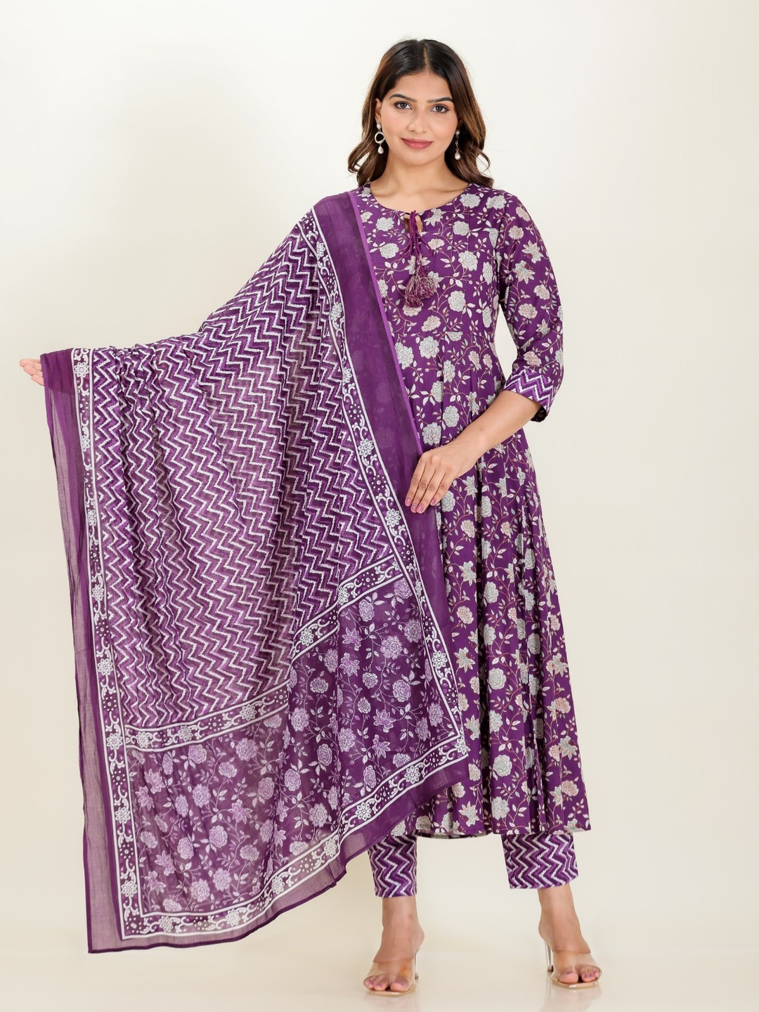 

Aramya Floral Printed Keyhole Neck Anarkali Pure Cotton Kurta With Trousers & Dupatta, Purple