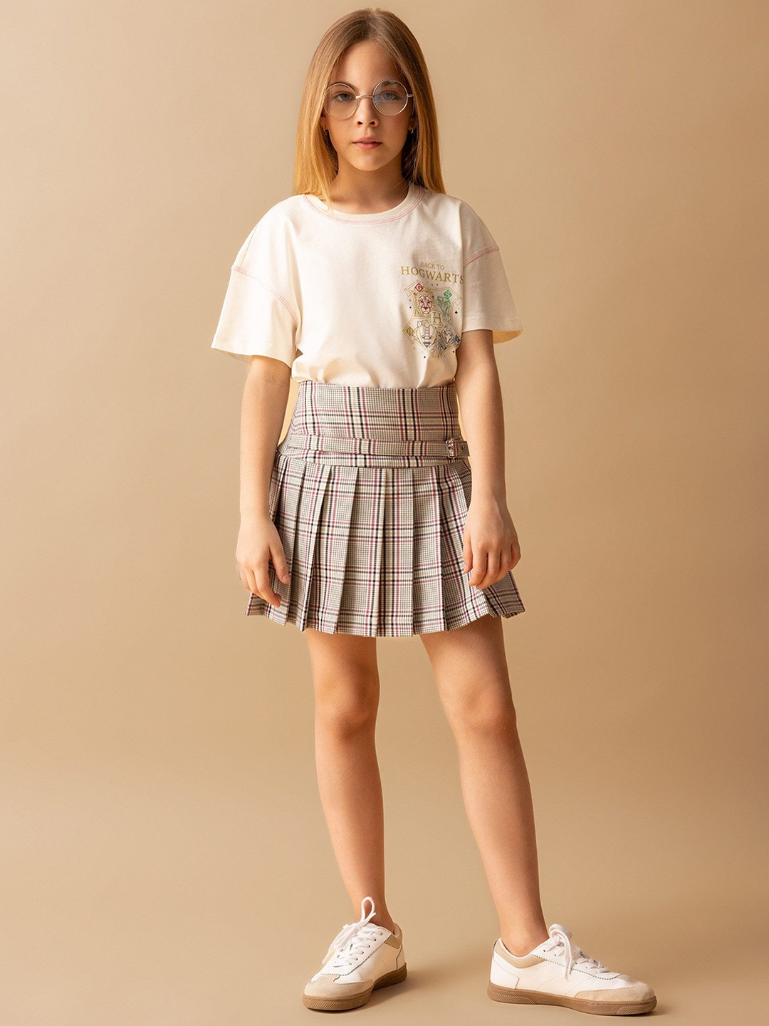 

DeFacto Girls Checked Pleated Mini Skirt, Beige