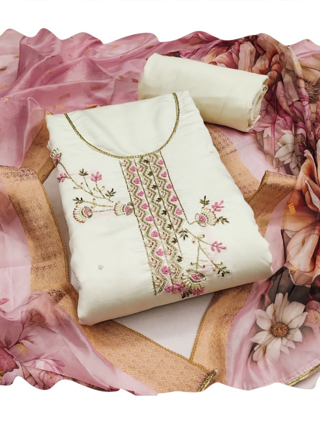 

ASISA Floral Embroidered Beads And Stones Unstitched Dress Material, Off white