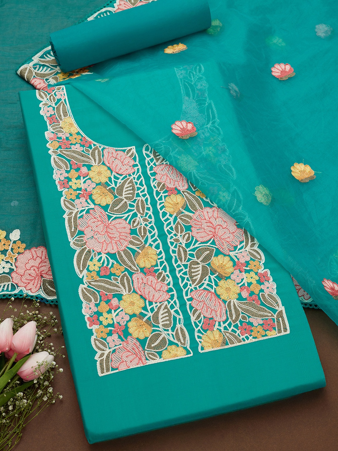

Soch Floral Embroidered Modal Silk Unstitched Dress Material, Teal