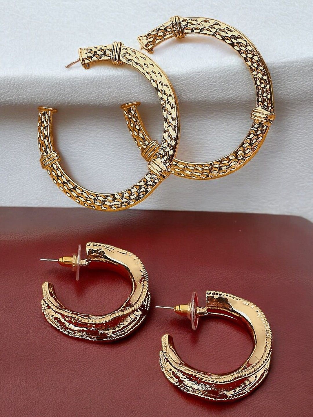 

OOMPH Set Of 2 Contemporary Shaped Half Hoop Earrings, Gold